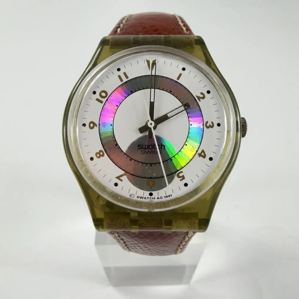 Vintage Swatch Mens Watch Orly GM110 34mm White Dial Brown Leather Strap Swiss